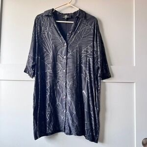 Lexbreezy Hawaii Button Up Shirt Dress Women XS Black Silver Tropical Leaf Aloha